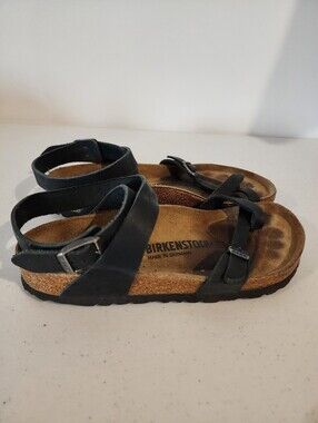 Birkenstock Yara Black Leather Strappy Buckle Sandals Cork Footbed EU 38 US 7